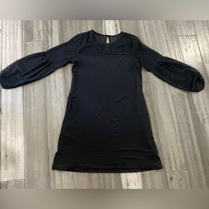 Black, bell sleeved, polka dot dress. Size M